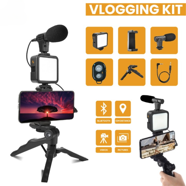 Ay-49 Vlogger Video Making Kit-Microphone Led Fill Light Mini Tripod Mobile Holder