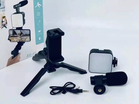 Ay-49 Vlogger Video Making Kit-Microphone Led Fill Light Mini Tripod Mobile Holder